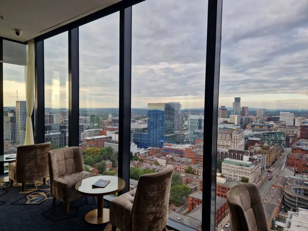 A view across Manchester from the cocktail bar of a tall hotel building