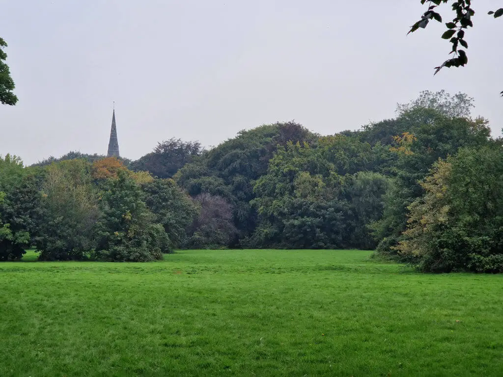 A view across a field to a church spire surrounded by trees starting to show their autumn leaves