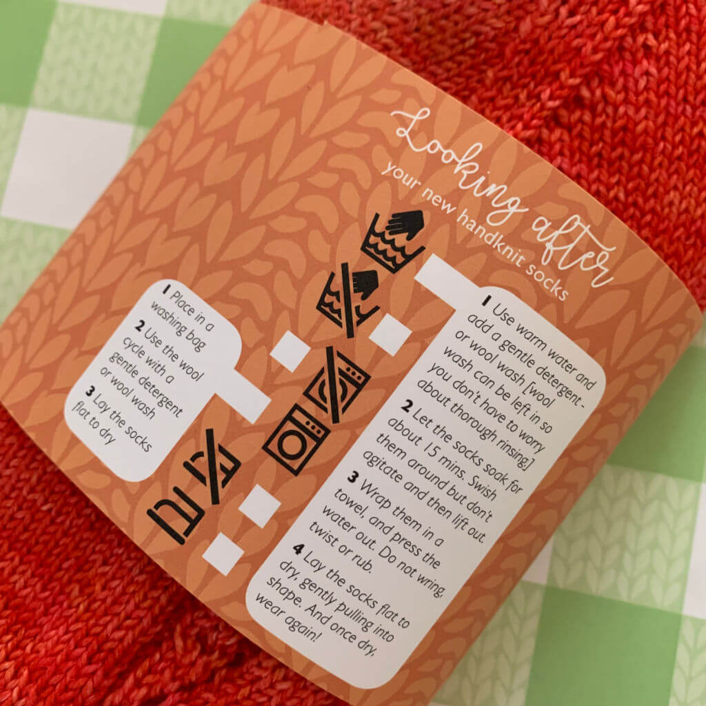 Washing instructions detail on a sock band