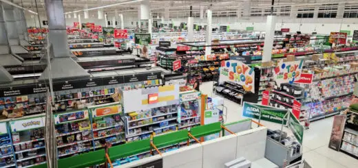 A view from above a supermarket showing the aisles
