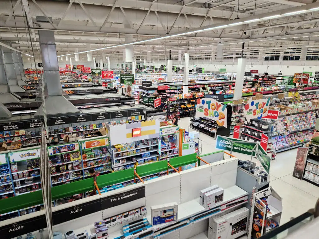 A view from above a supermarket showing the aisles
