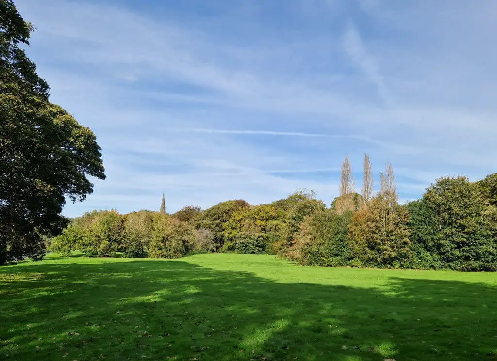 A view across a grass field to a church spire surrounded by trees