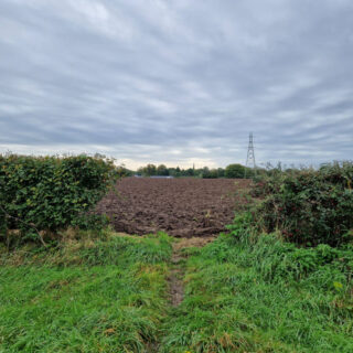 A footpath through hedges is cut off by a ploughed field