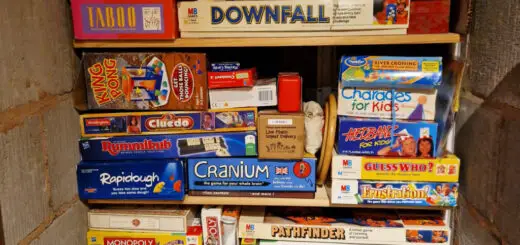 Shelves stacked with boxes of board games