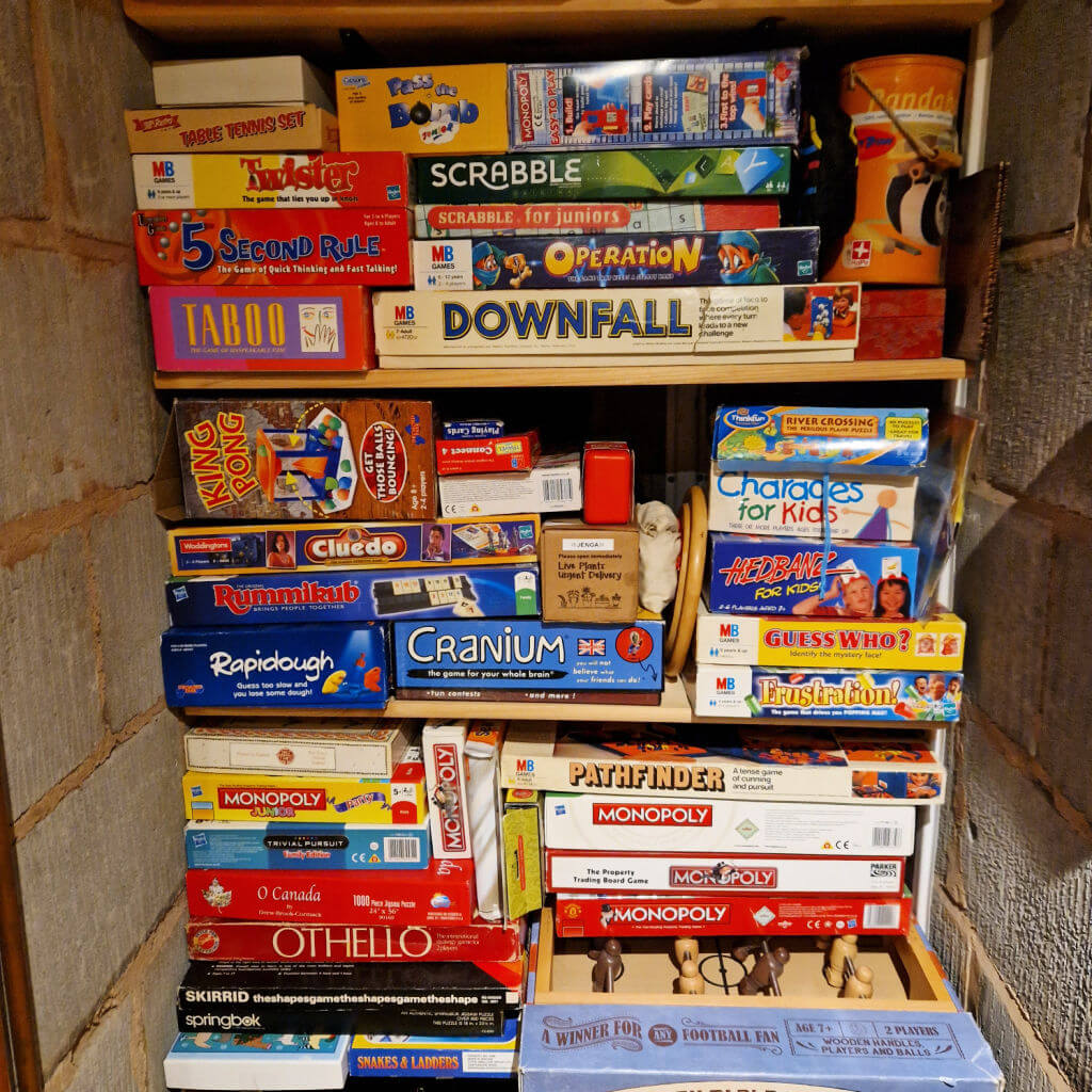 Shelves stacked with boxes of board games