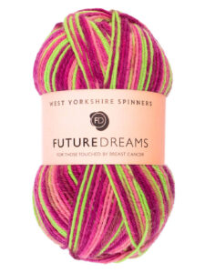 A ball of yarn in shades of pink and neon green
