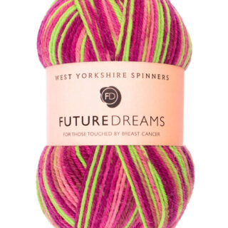 A ball of yarn in shades of pink and neon green