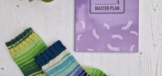 A purple notebook entitled Project Super Socks with a name plate to write a name on is lying on a white wooden floor next to two pair of small socks, one in blue stripes and the other in green stripes. There's a succulent plant in the top left hand corner
