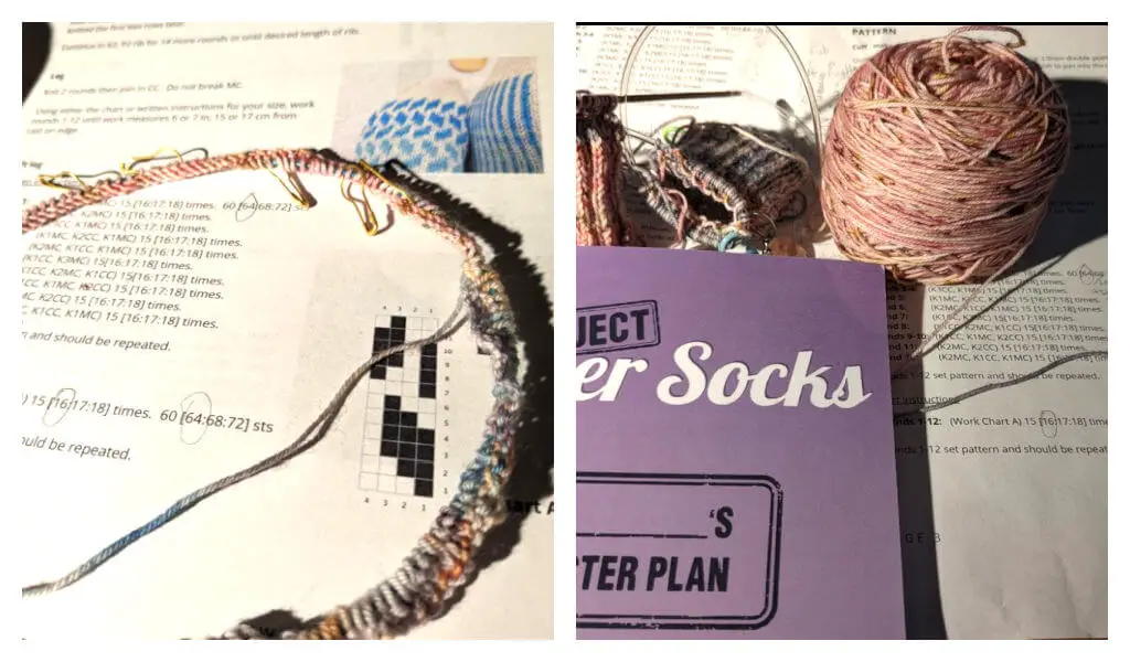 A collage of two photos showing partly knitted colourwork socks using the Winwick Mum Treasure Socks pattern. One is a cast on photo and the is a sock in pink with a Project Super Socks Master Plan notebook in the foreground