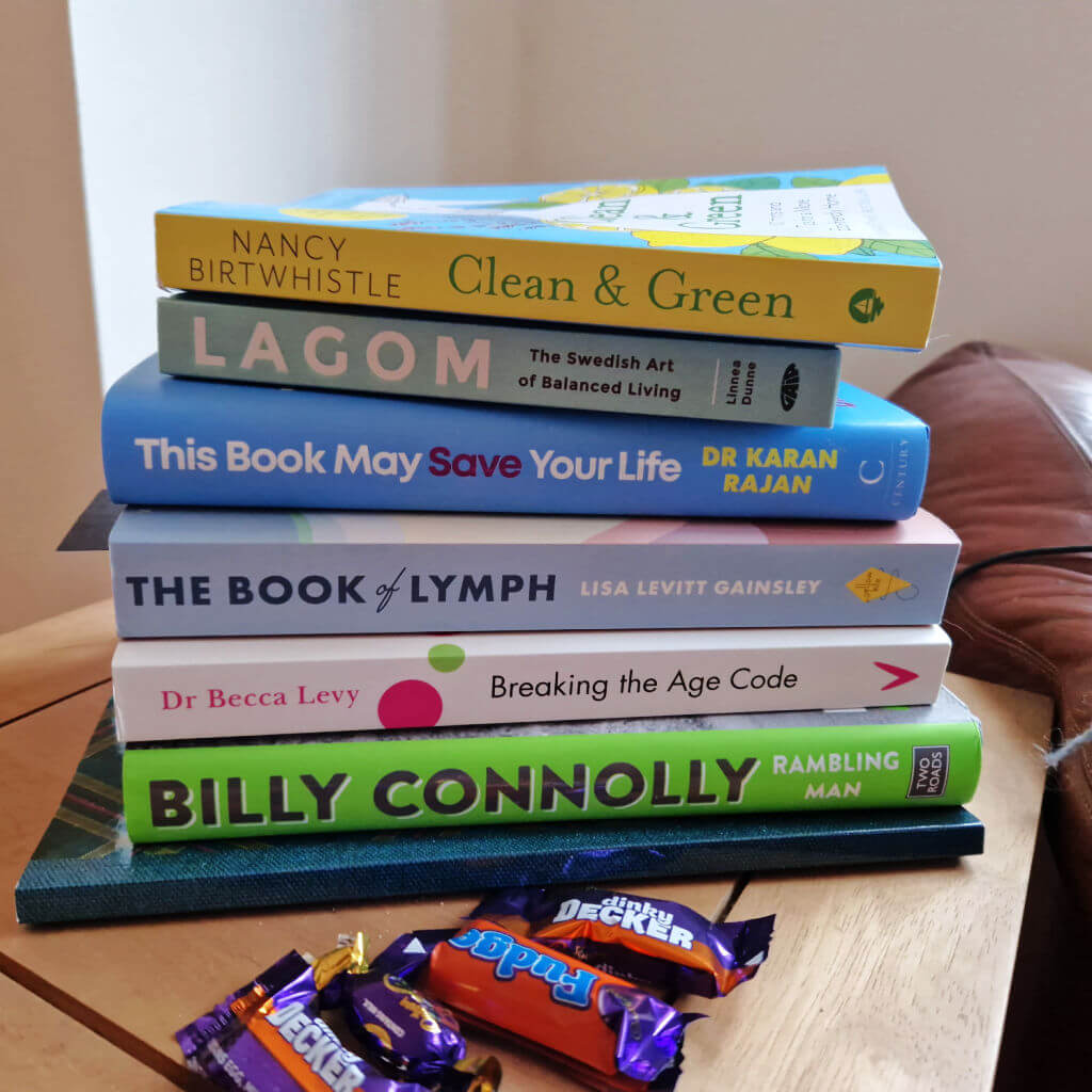 A stack of books on a wooden coffee table. There is a handful of chocolates in wrappers in front of them