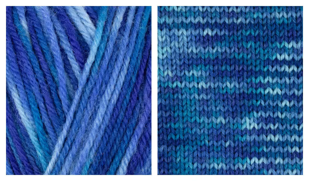 A collage of two photos showing a ball of yarn and how it knits up. The yarn is shades of blue