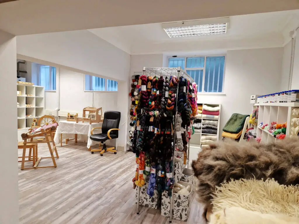 A tall stand of multi-coloured fibre for spinning next to displays of sheep fleece in a brightly lt shop space