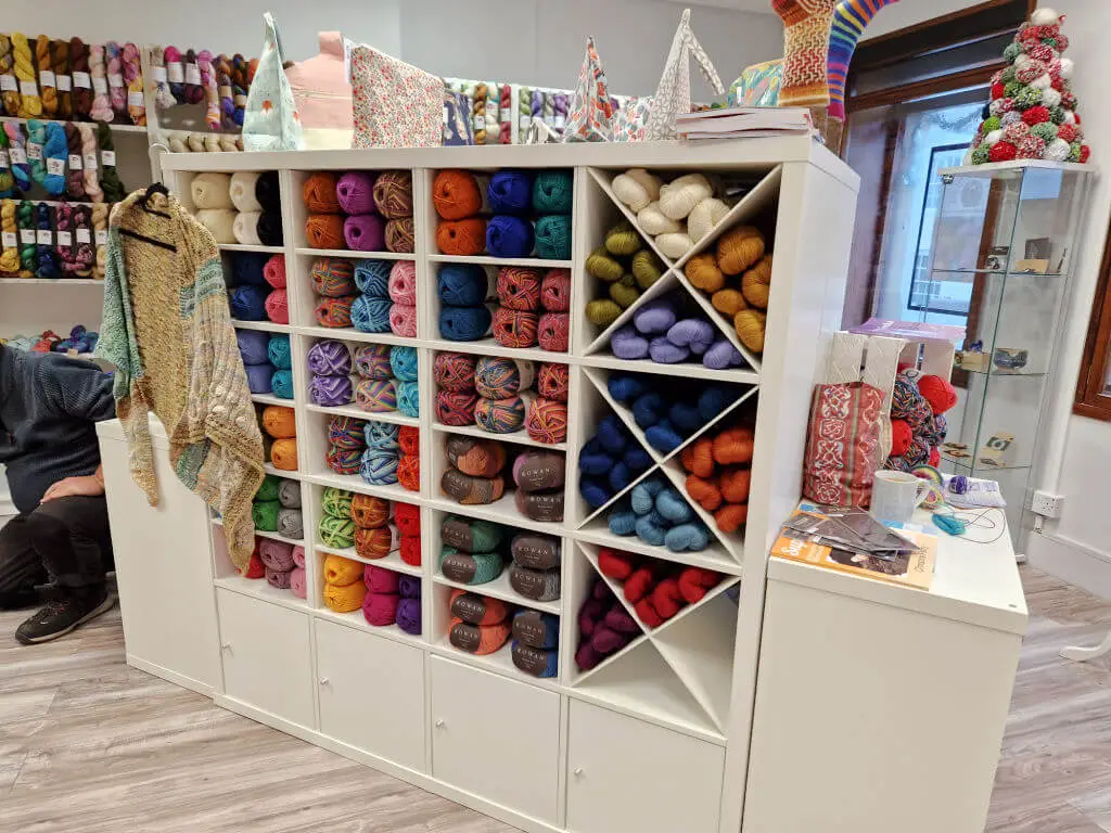 A large display of sock knitting yarn in many colours