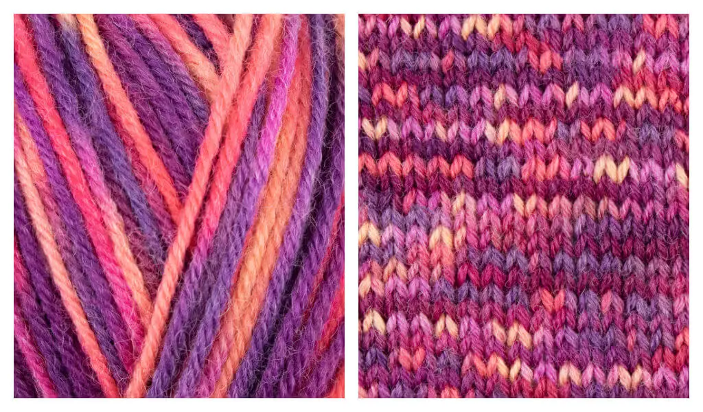 A collage of two photos showing a ball of yarn and how it knits up. The yarn is shades of pink, orange and red