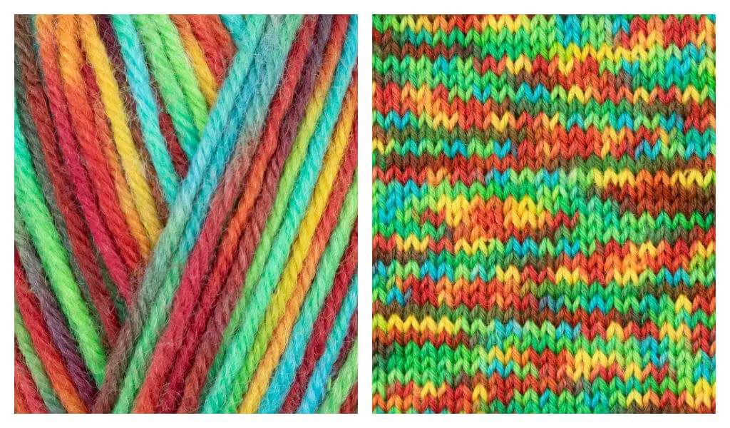 A collage of two photos showing a ball of yarn and how it knits up. The yarn is shades of turquoise, green, yellow and orange