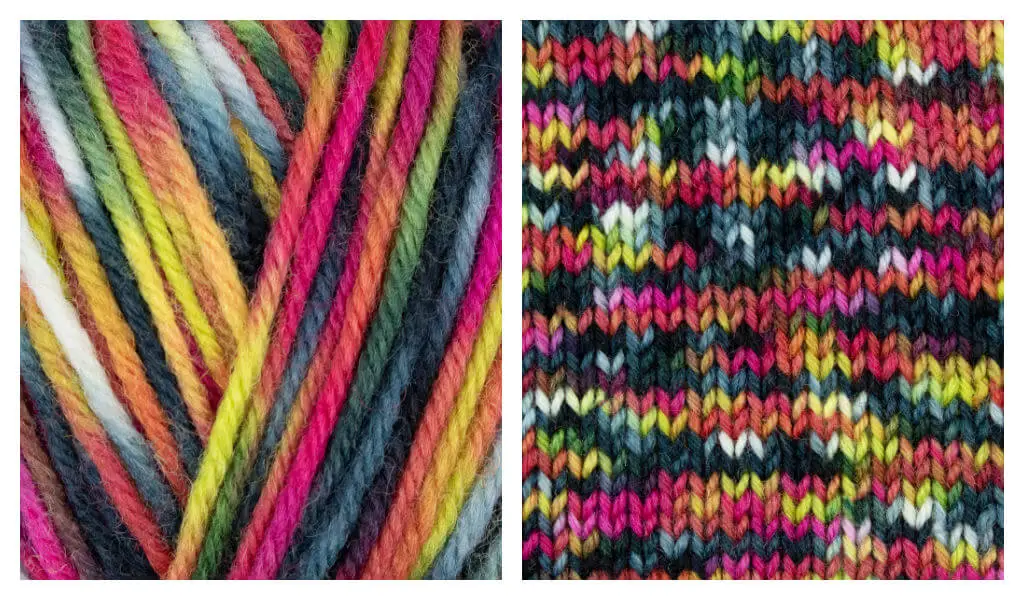 A collage of two photos showing a ball of yarn and how it knits up. The yarn is shades of black, red, yellow and orange