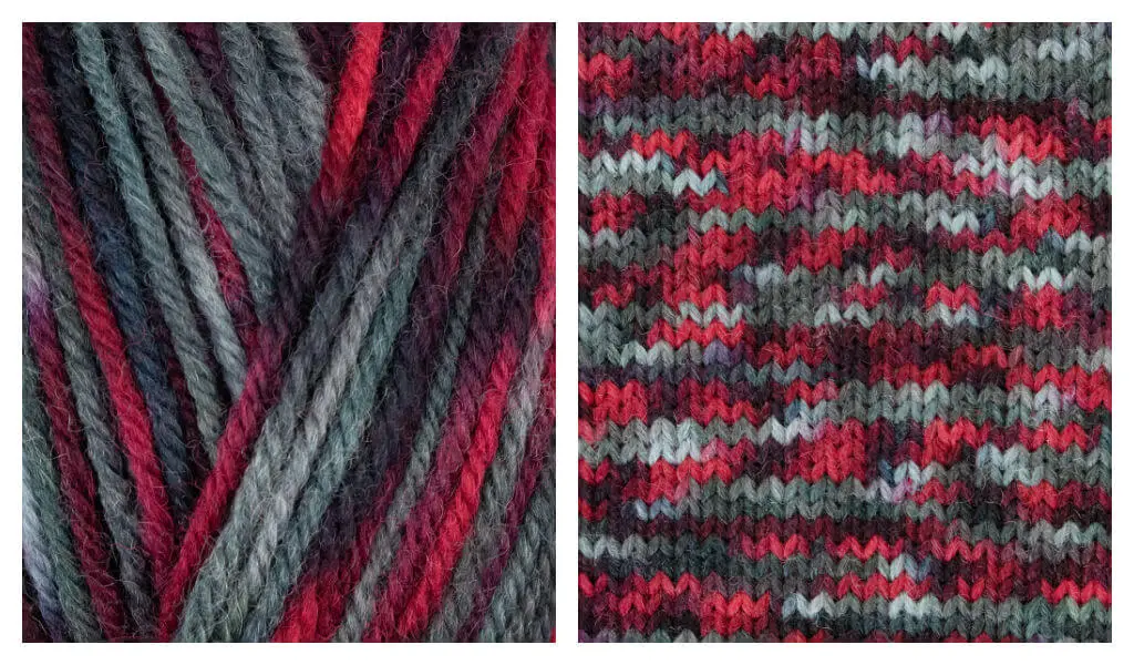 A collage of two photos showing a ball of yarn and how it knits up. The yarn is shades of black, grey and red