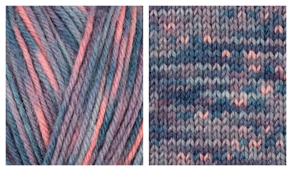 A collage of two photos showing a ball of yarn and how it knits up. The yarn is shades of blue, grey and pink