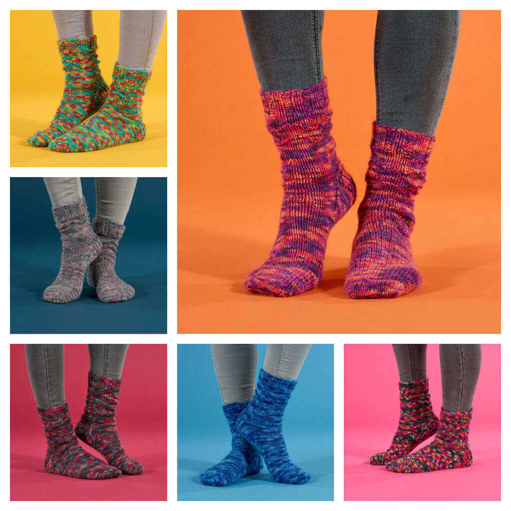 A collage of six photos showing a sock pattern knitted in different colours