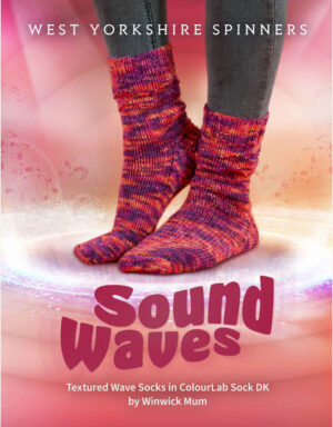 A sock pattern cover for Sound Waves socks showing a pair of pink socks modelled on feet