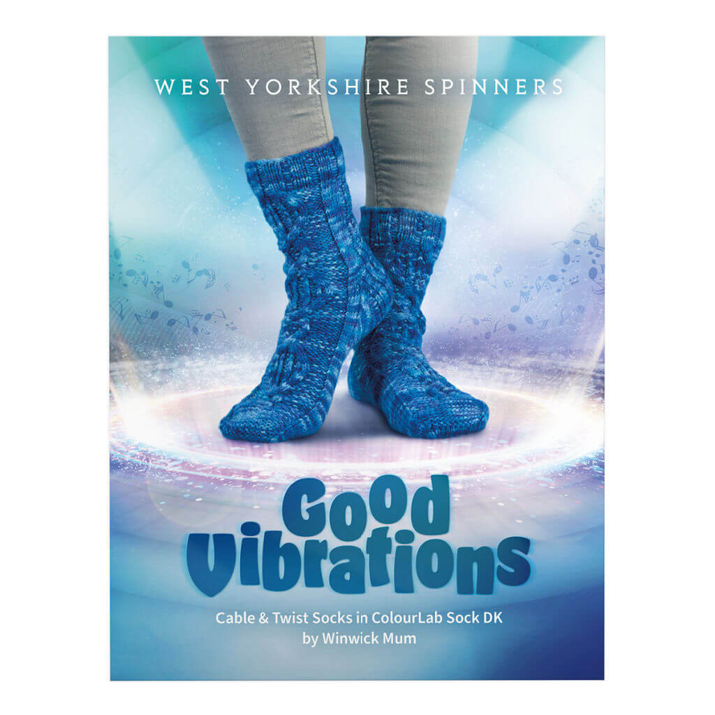 A sock pattern cover for Good Vibrations socks showing a pair of pink socks modelled on feet