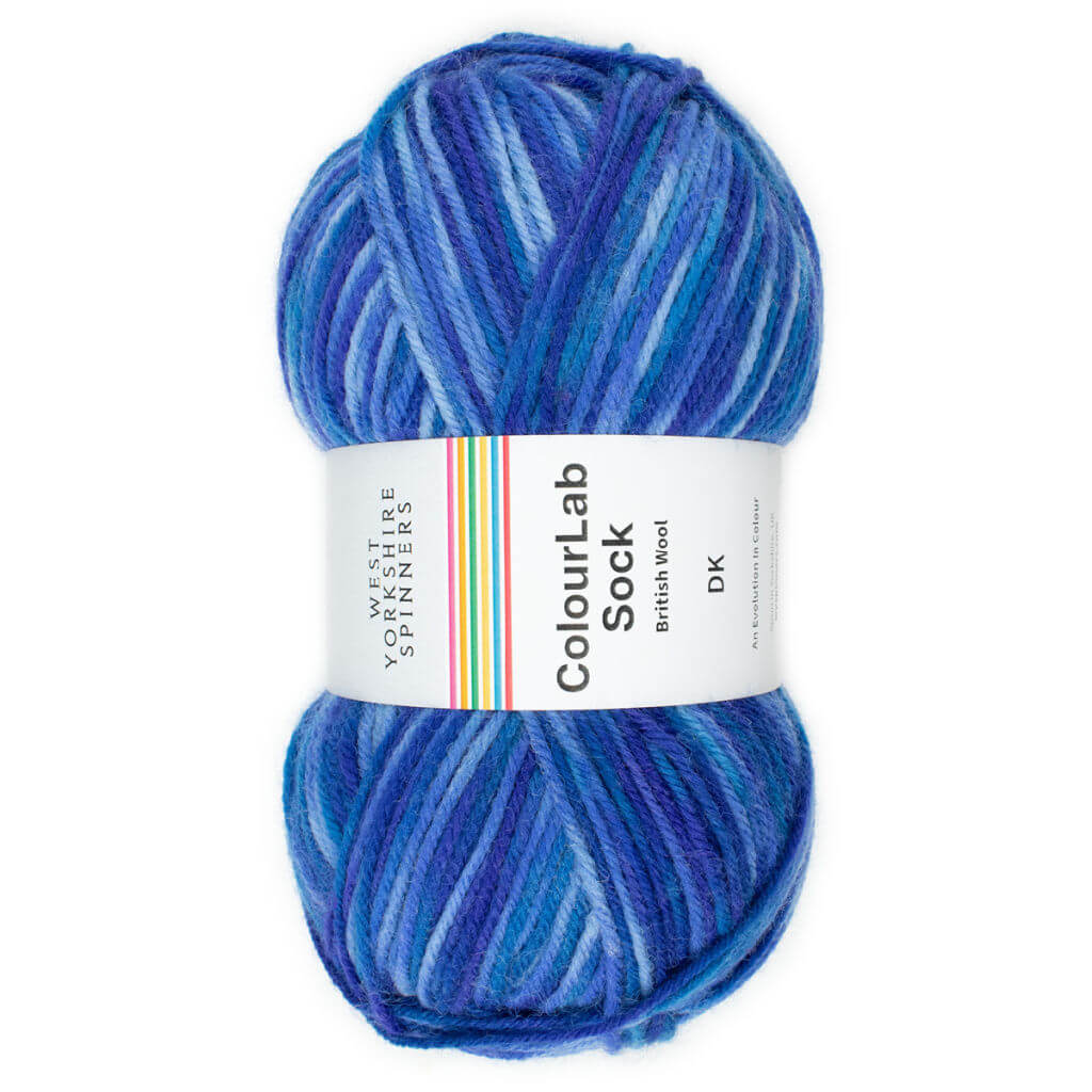 A single ball of yarn in shades of blue with a ball band describing it as ColourLab Sock