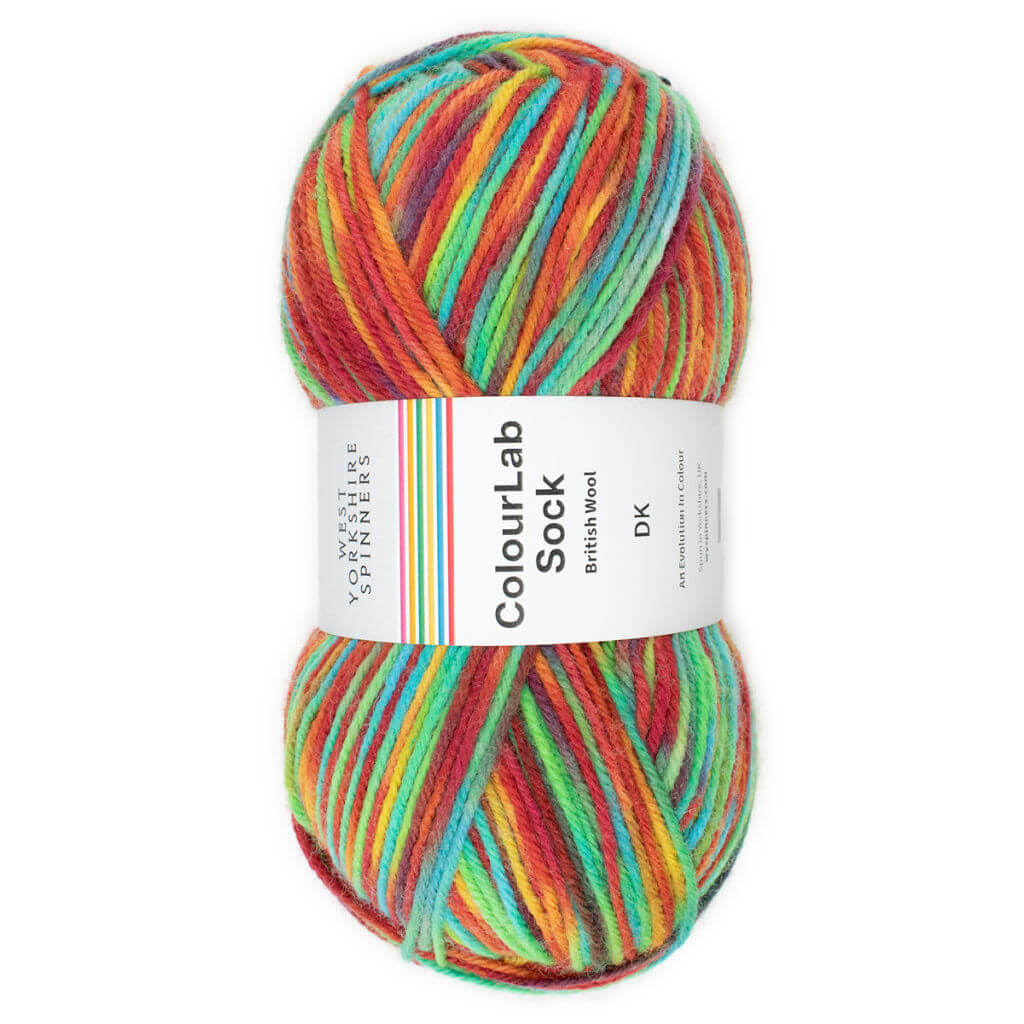 A single ball of yarn in shades of neon green, red, orange and turquoise with a ball band describing it as ColourLab Sock
