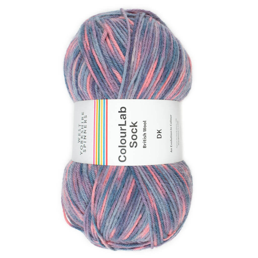 A single ball of yarn in shades of grey, blue and pink with a ball band describing it as ColourLab Sock