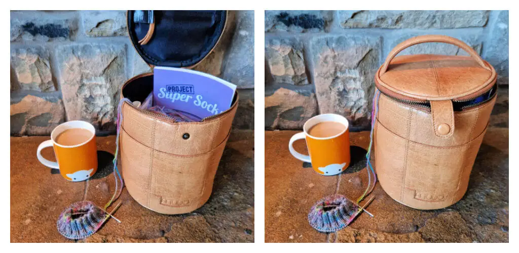 A collage of two photos showing a Muud Saturn project bag containing a Project Super Socks notebook with the lid open and closed