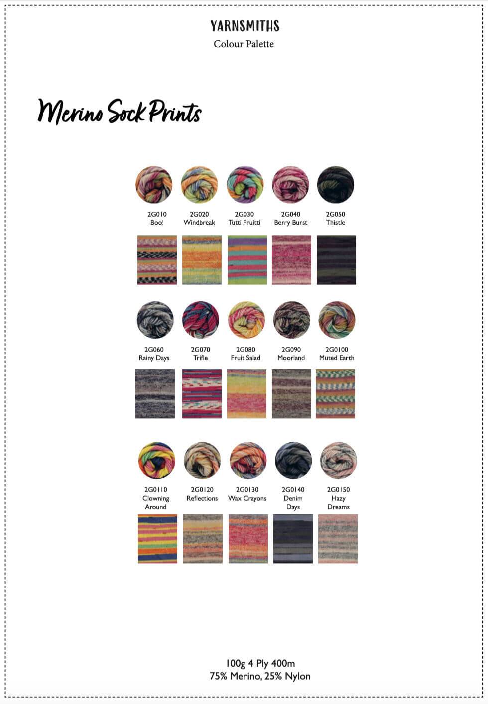 A shade card for Yarnsmiths Merino Sock prints with 15 shades