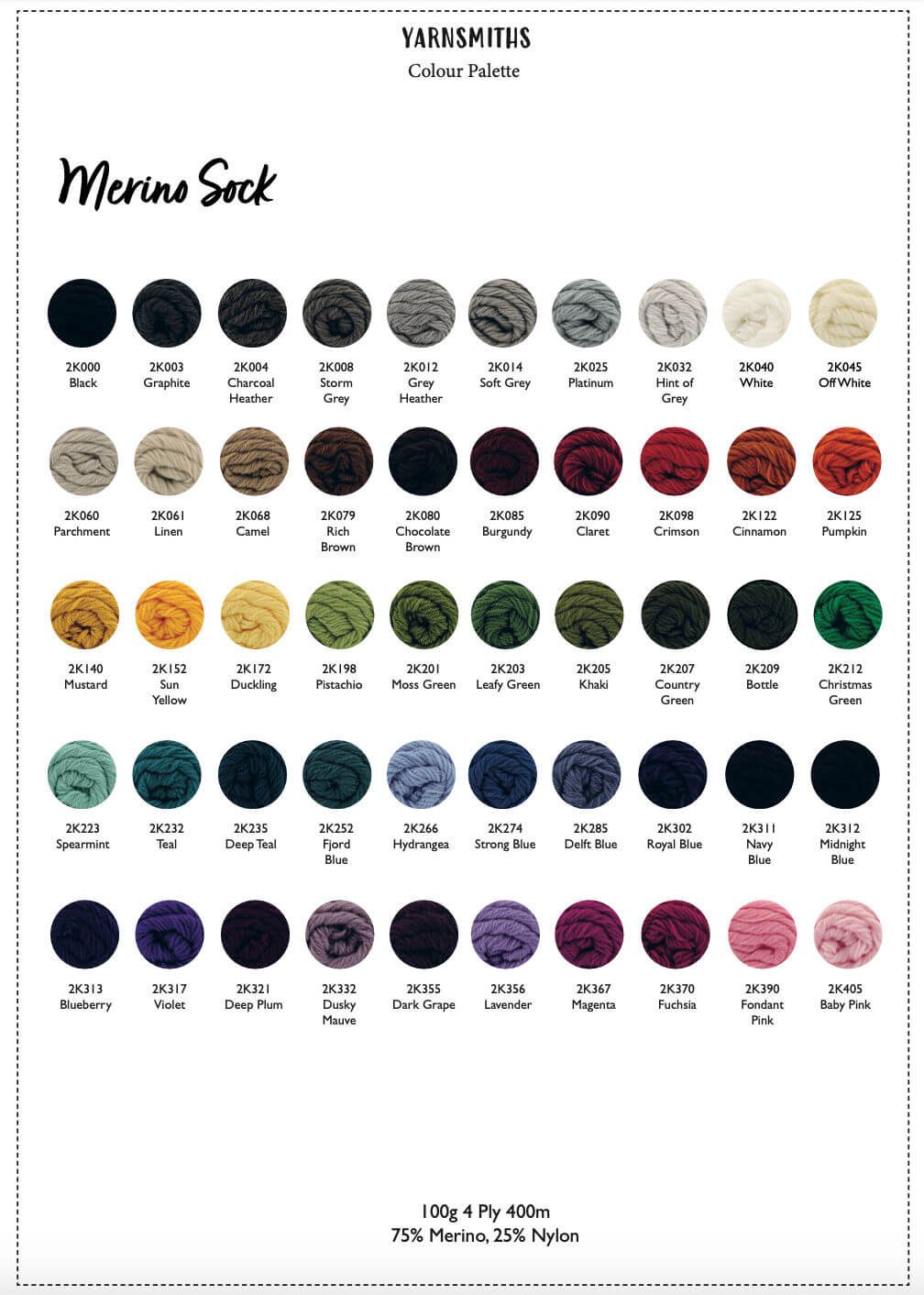 A shade card for Yarnsmiths Merino Sock solids with 50 shades