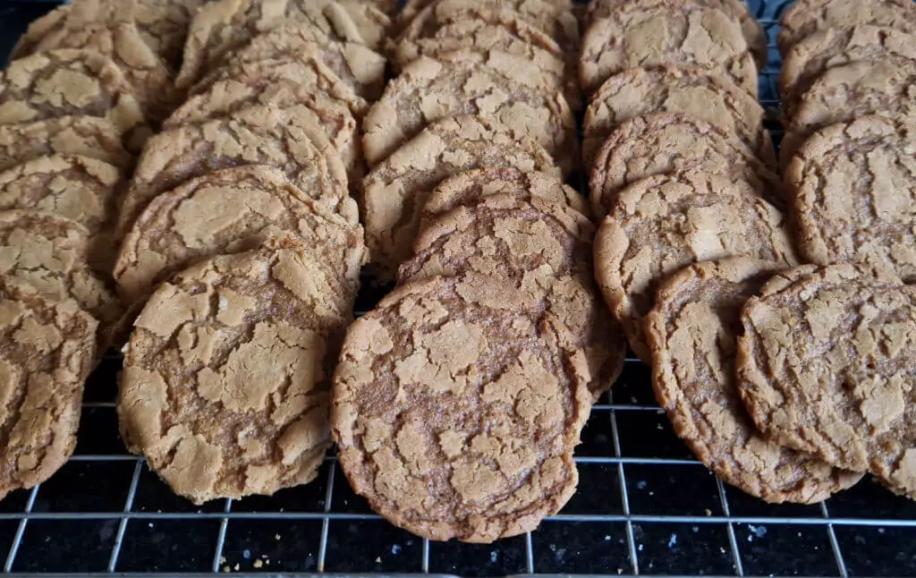 Rows of round biscuits (cookies) on a wire cooling rack