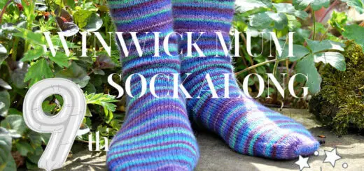 A pair of hand knitted blue striped socks modelled on feet which are standing on a stone flag in a flower border. The text across the picture reads Winwick Mum Sockalong 9th birthday