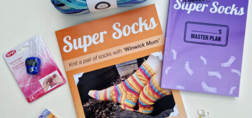 An orange Super Socks beginner sock knitting book, a purple More Super Socks notebook, a ball of yarn in shades of blue, and white, a row counter, a packet of wool needles and three stitch markers on a white background
