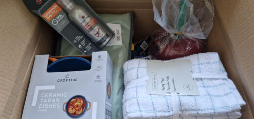 A cardboard box containing ceramic dishes, tea towels and insect repellent