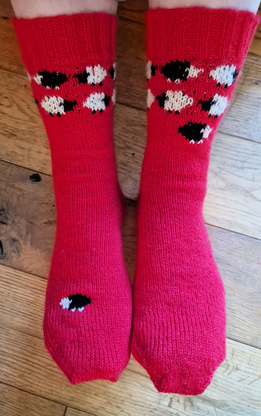 A pair of red colourwork socks featuring black and white sheep, modelled on feet