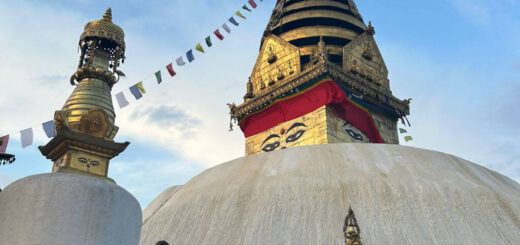 A white domed temple roof with a golden spire. There is a large pair of eyes painted on the spire. A monkey sits on a ledge next to the white dome