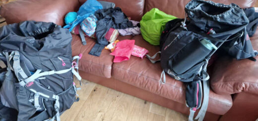 A brown leather sofa littered with the contents of two rucksacks