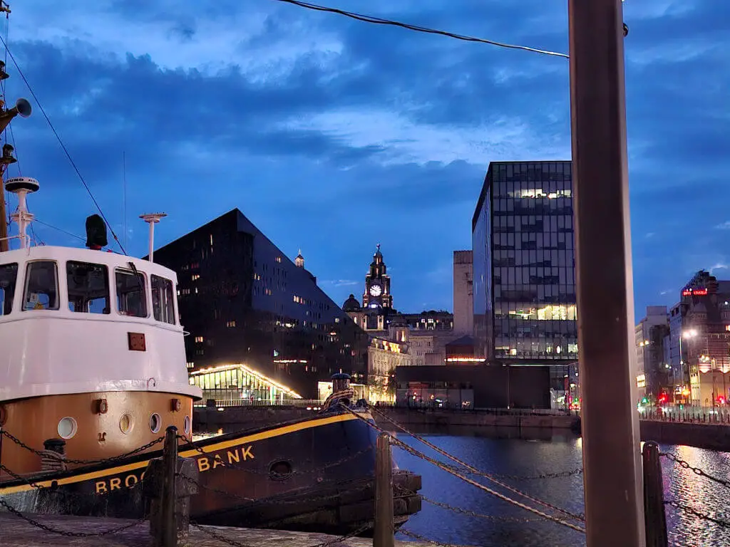 A view across the Albert Dock to the Liver building with the light adjusted on the camera