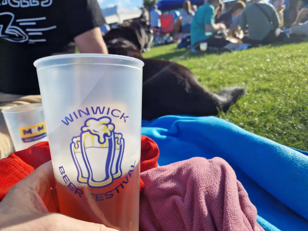 A plastic Winwick beer festival mug half-full of beer held to show the logo. There are people sitting on the grass in the background.