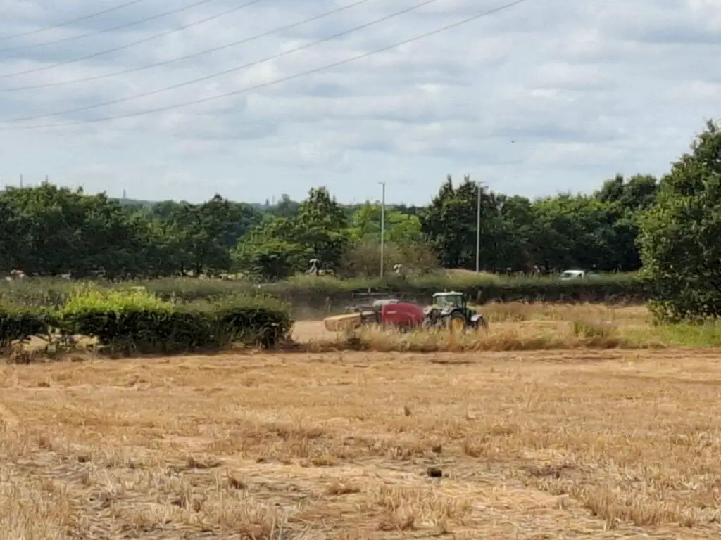 A red straw baler attached to a tractor pushes a straw bale out as it moves along