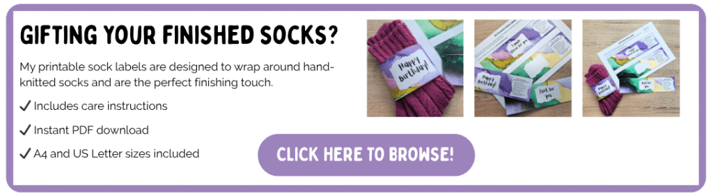 Alt text: "Banner to promote printable sock labels, includes care instructions, PDF download, and different sizes. Three images of socks with labels. Button reads 'Click here to browse.'"