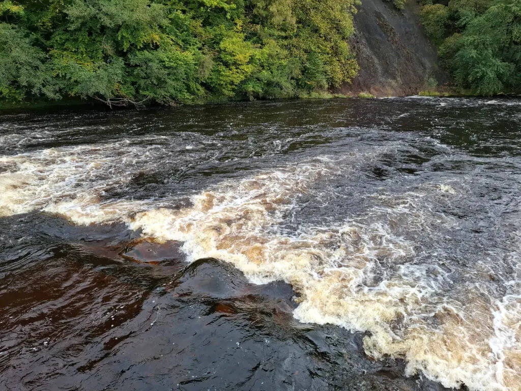 Dark brown river water tumbles over rocks to produce creamy white foam