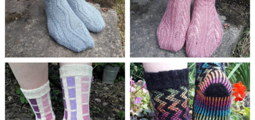 A collage of four photographs of sock designs - one cable, one lace, one intarsia and one colourwork