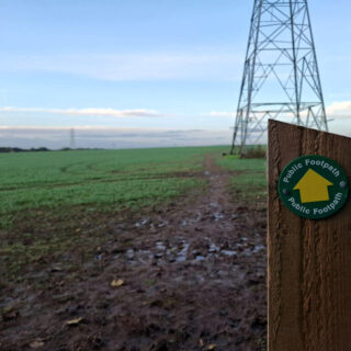 A circular footpath direction sign on a wooden post with a muddy footpath across a green field in the background