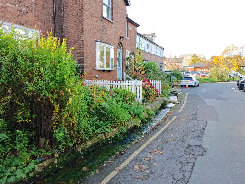A view up a street showing cottages built one one side of a small stream