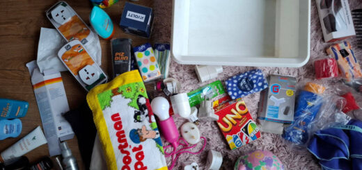 A big pile of travel plugs, sun cream bottles, face flannels and other toiletries on a pink furry rug next to an empty white storage box