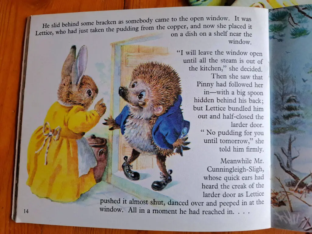 A page from a story book showing lots of text and a hedgehog in a blue jacket talking to a rabbit in a yellow dress
