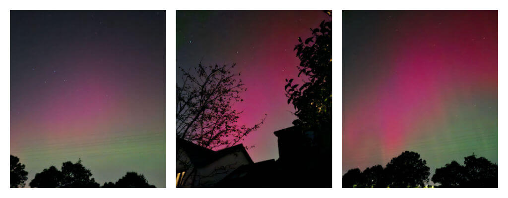 A collage of three photos of a pink aurora borealis