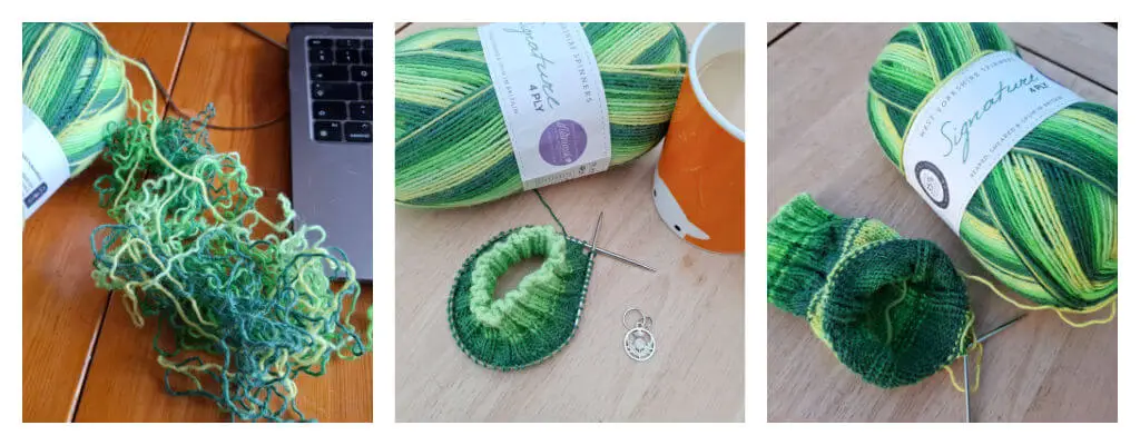 A collage of three photos of a green striped sock in various stages of progress
